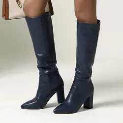 Soft PU Leather Navy Blue Silver Yellow Color Mature Lady Pumps Pointed Toe Block High Heels Knee-high Pleated Sexy Women Boots