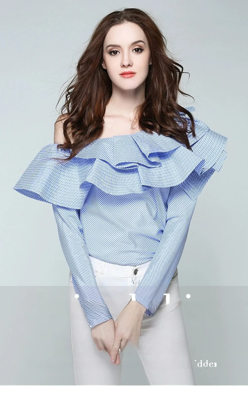 Sexy oulder Bared Long Sve Stripe irt with Ruffle Design Commute Sle Women's Cross over Faion 2025 New Arrival