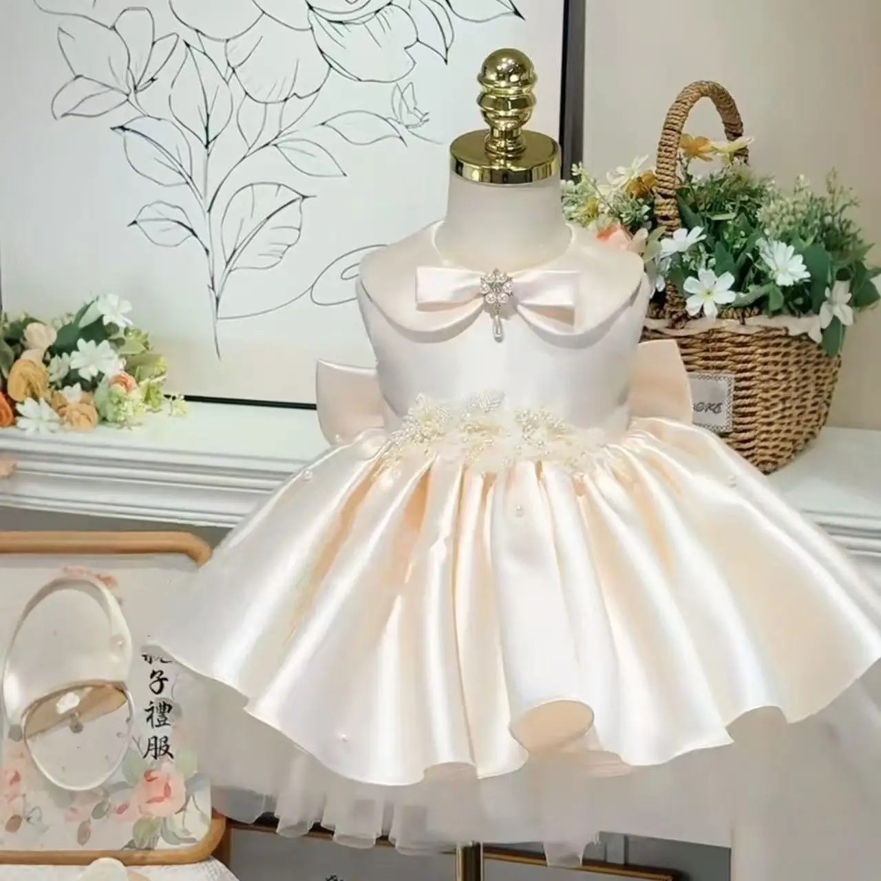 New Arrival Baby Girl Pale Almond Sleeveless Party Dress Bow Embellished Vest Gown Kids Elegant Birthday Puffy Skirt