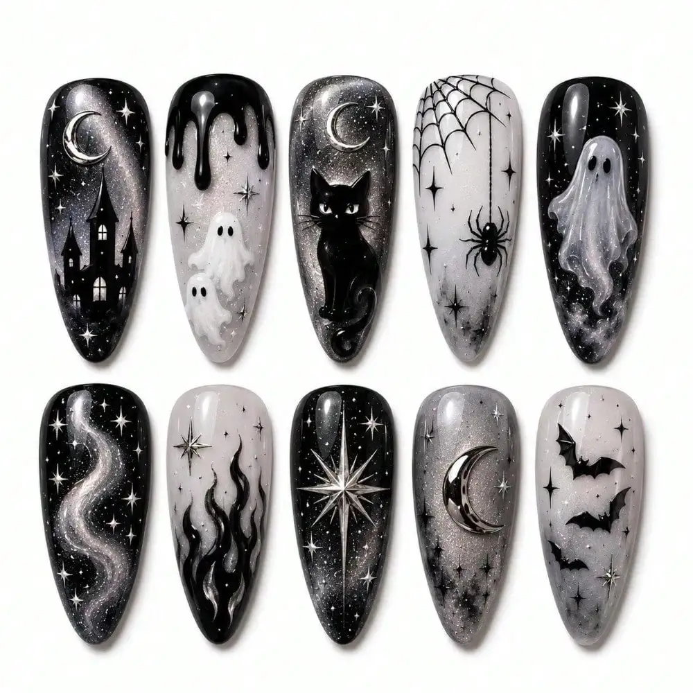 Handmade Halloween Press On Nails, Black Cat Moon Gothic Almond Shape, Spooky False Nails Halloween Nails, Christmas Nails/ Universal In 858 Regions