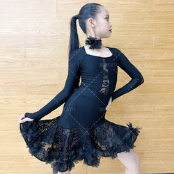 블랙 차차 룸바 라틴 댄스 댄스 드레스 소녀 삼바 탱고 볼룸 댄스 드레스 퍼포먼스 슈트 키즈 라틴 연습 드레스