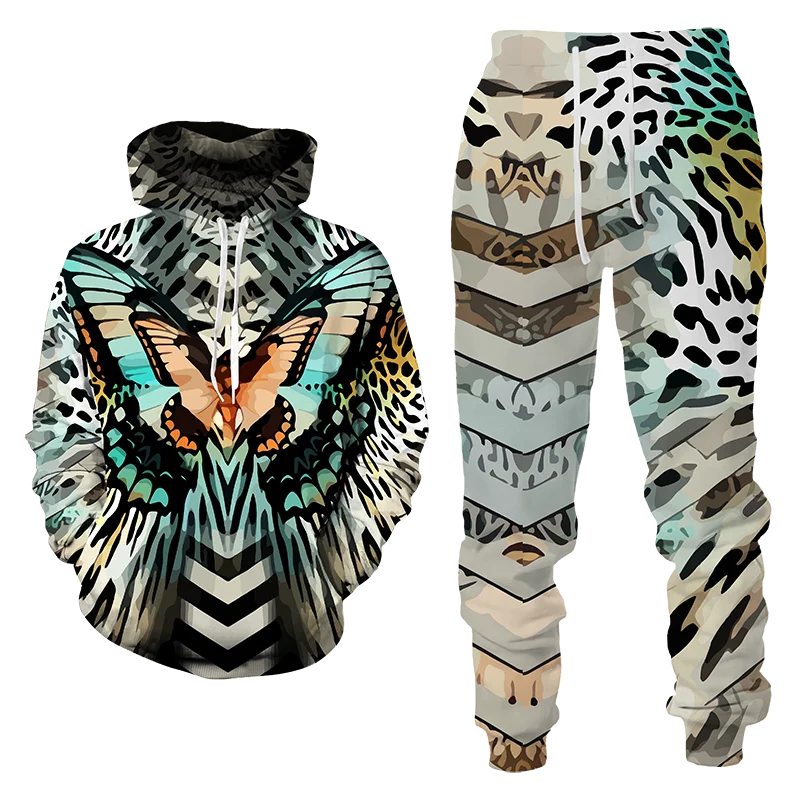 Autumn Butterfly Leopard 3D Printed Hoodie Suit Men Sweatshirts Sweatpants Casual Fashion Two Piece Tracksuit Set Men\'s Clothing