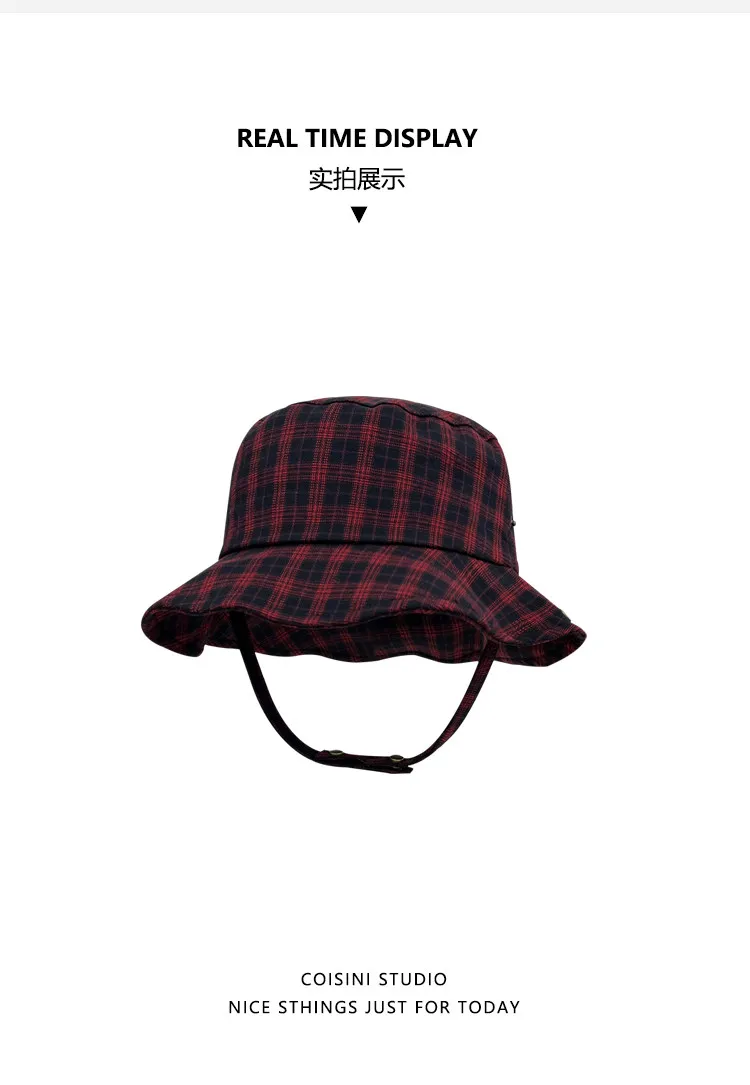 Niche Kontrast-Karo-Bucket-Hats mit Druckknopfverschluss für Damen, Sommer, Herbst, Reisen, Sonnenschutz, vielseitig, lässig, literarisch, Herrenmütze – Detail 5