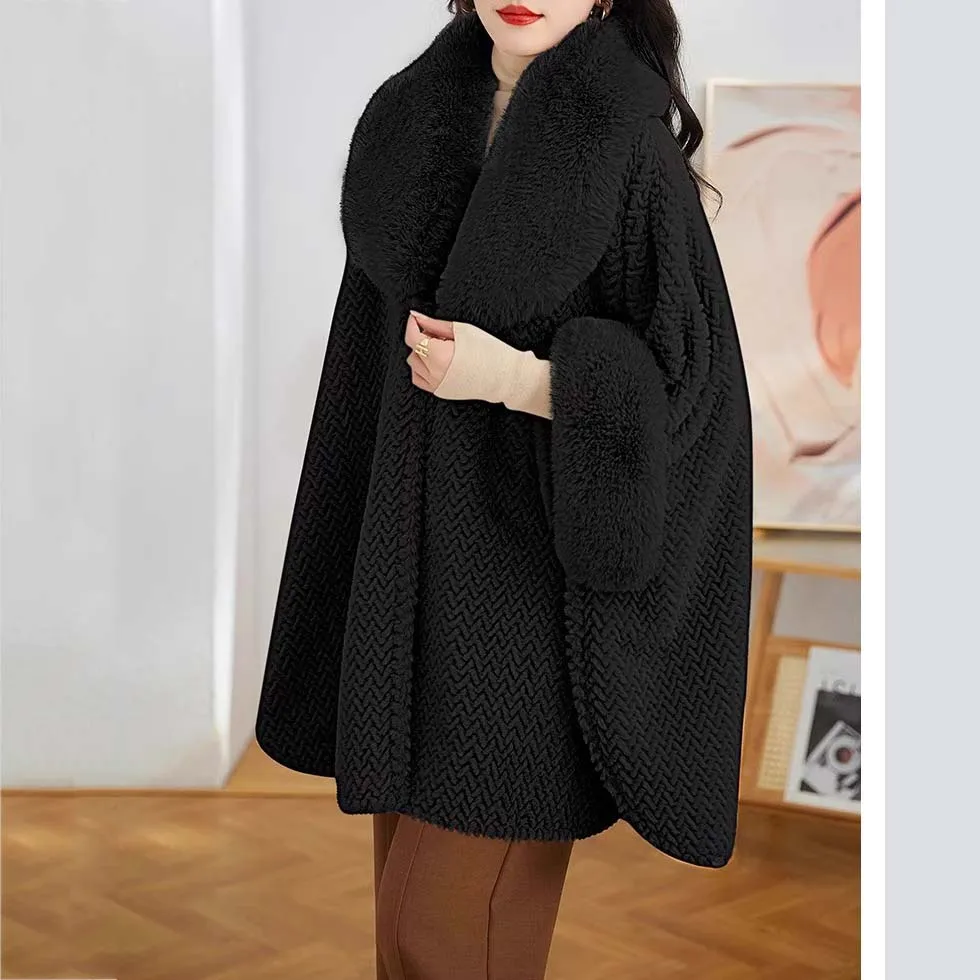 Fashion Wide V Lapel Faux Fur Coat Cape Pure Color Wavy Stripes Soft Warm Outerwear Women Winter Loose Cloak Mid-Long