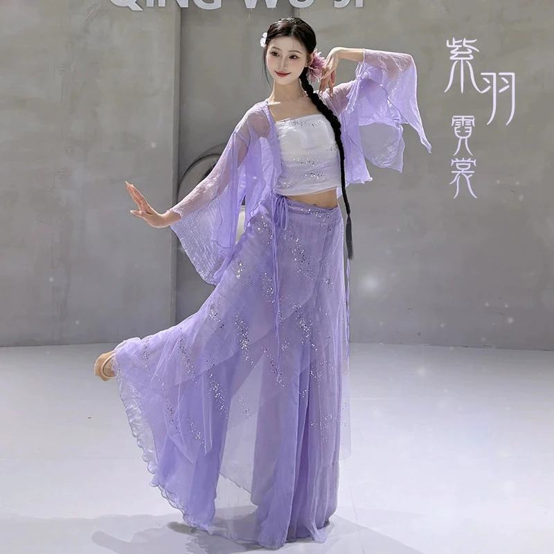 

Эфирный китайский традиционный танцевальный костюм для женщин: Прозрачный шифоновый палантин-накидка и мягкий танцевальный комплект для сценических выступлений и репетиций