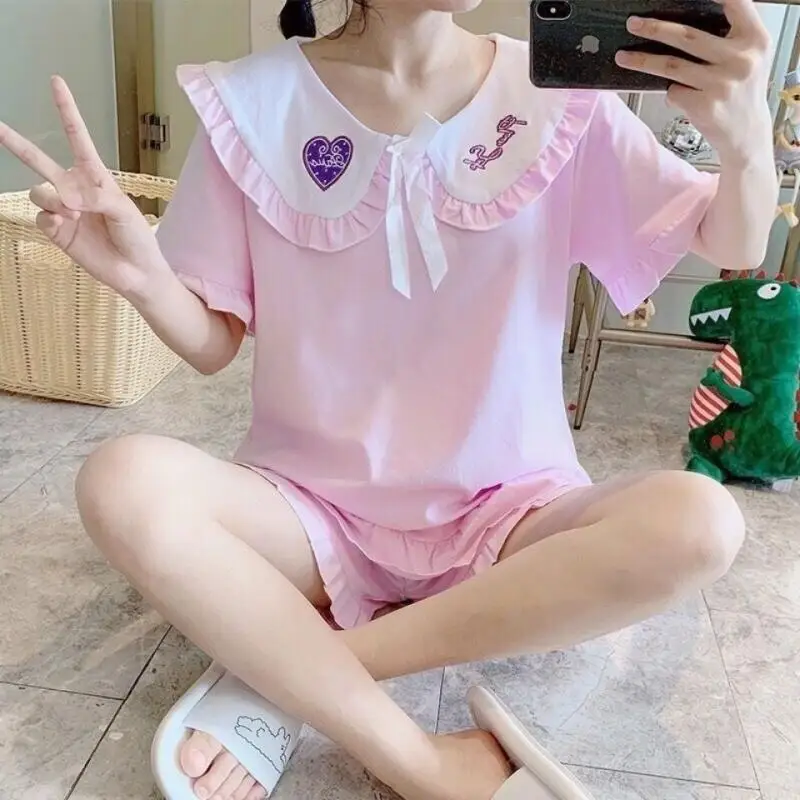 New Cute Pajamas 2 Piece Summer Pyjama Y2K Shorts Short Sleeve Sleepwear Student Pijama Princess Negligee Women's Home Clothes