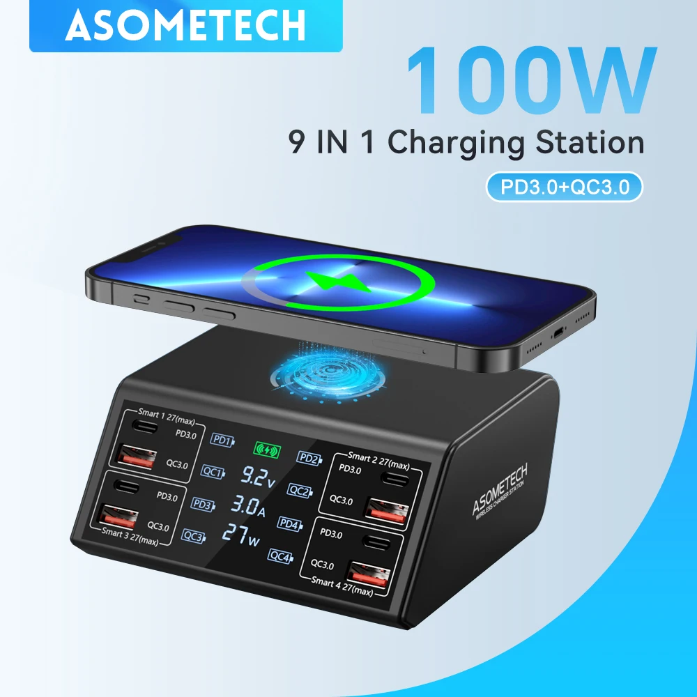 ASOMETECH 100W USB C Fast Charger Station,4 QC3.0 + 4 PD3.0 PPS + Wireless Charging,9 in 1 USB Charger For Samsung iPhone iPAD