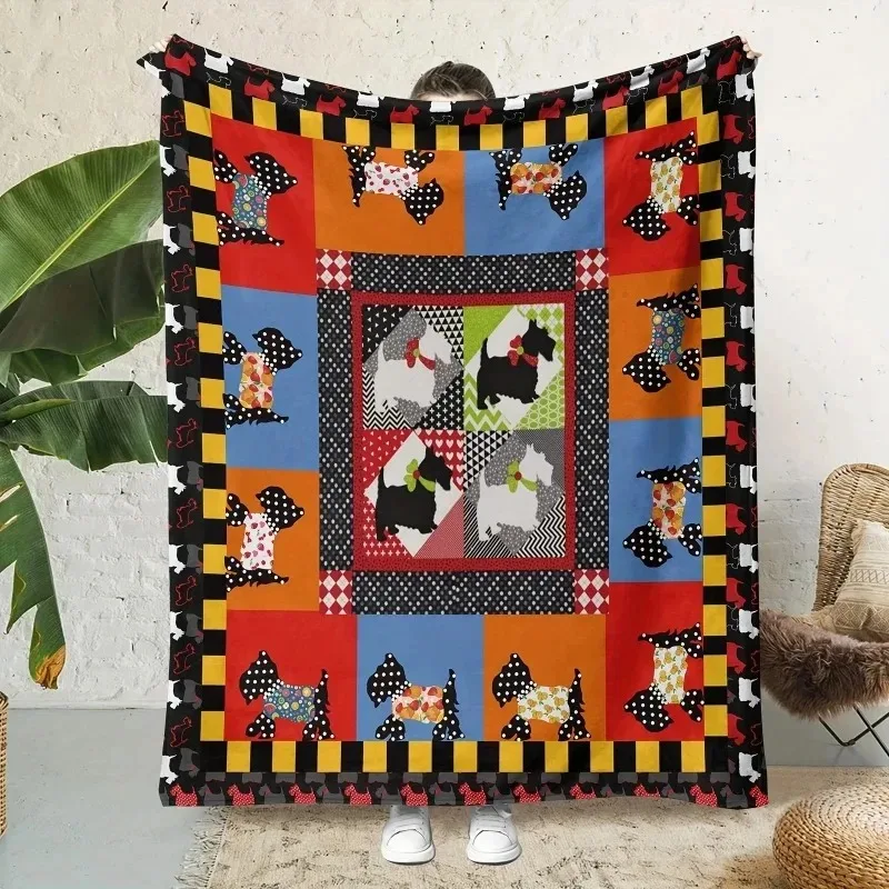 Scottish Terrier Patchwork Fleece Blanket, Colorful Dog Themed Throw Blanket, Soft Cozy for Couch Bed, Perfect GIFT Portable