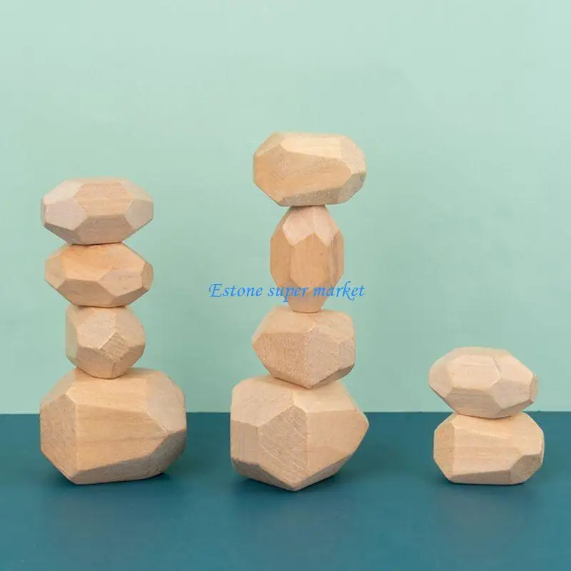 Jeu d'empilage pierres en bois pour enfants, 16 pièces, bloc construction, jouet éducatif pour enfants, 090B