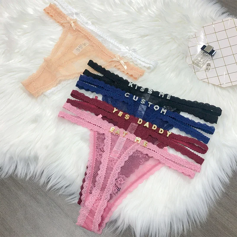 M L XL Size Custom Name Panties Crystal Letters Personalised Thongs Women Lace Bikini G-String Girlfriend Birthday Hotwife Gift