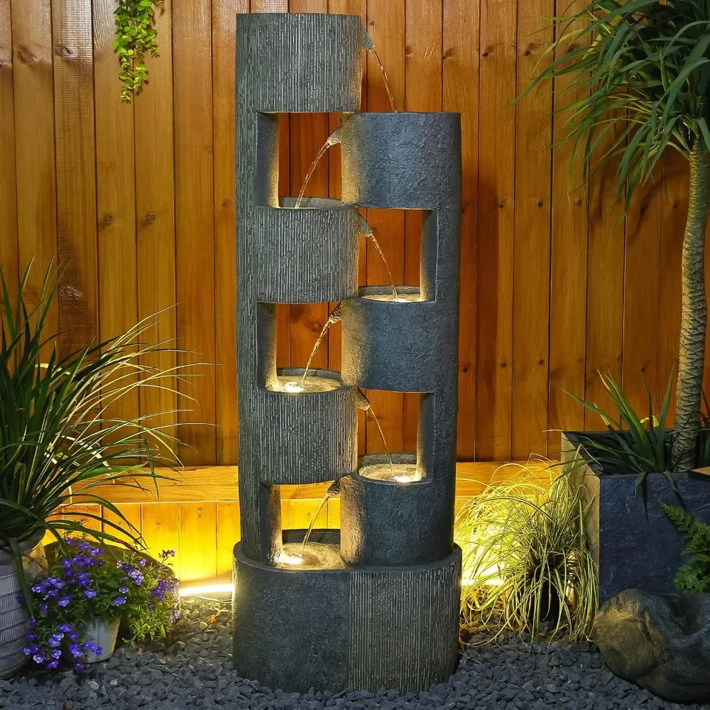 

51 Inch Outdoor Water Fountain with LED Lights Tiered Waterfall Fountain Garden Water Feature Durable Resin Fiberglass