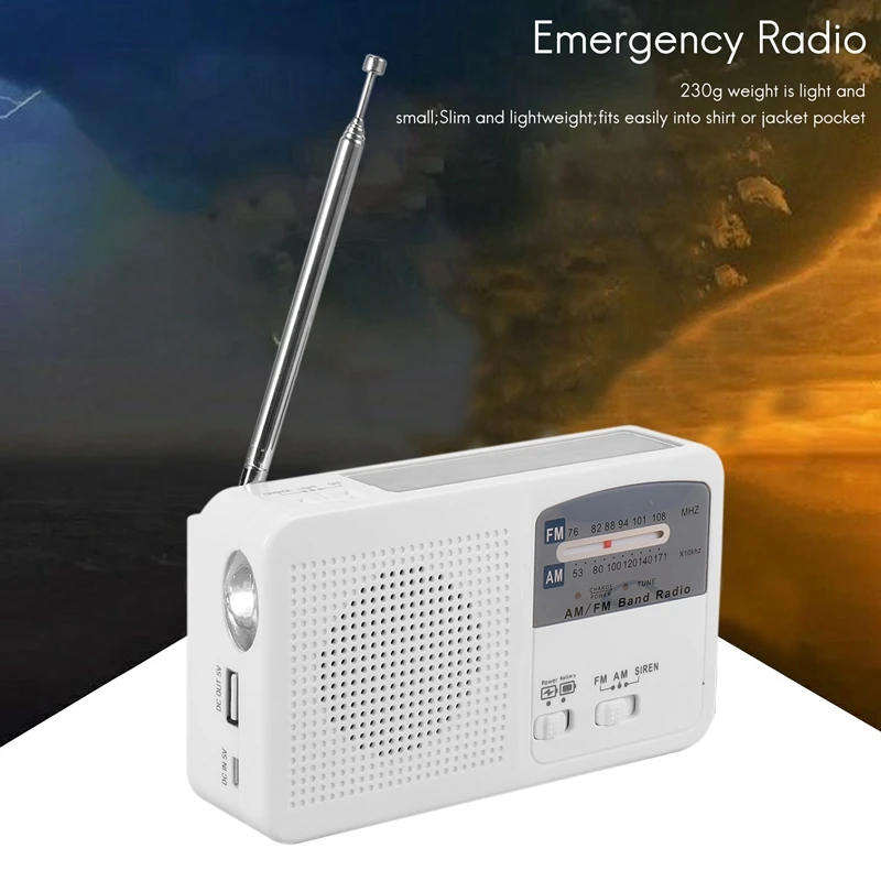 Radio de emergencia con manivela Solar y manual, autoalimentada, batería, carga USB, Radio FM/AM, linterna LED, cargador de teléfono