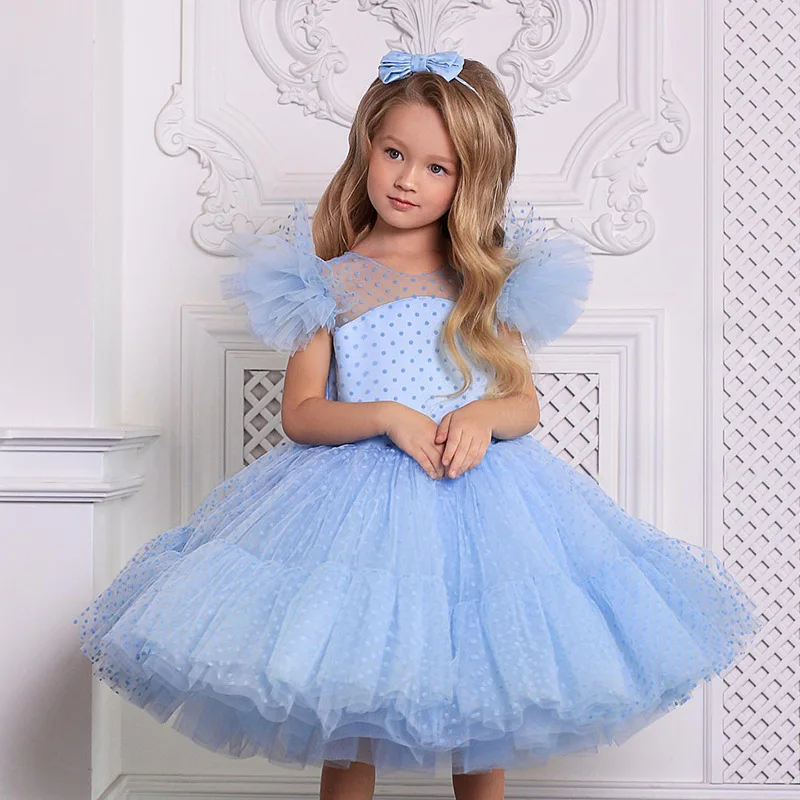 

4-10T Kids Girls Elegant Dress For Evening Party Little Girl Dots Tulle Princess Gown Children Clothing Blue Wedding Vestidos