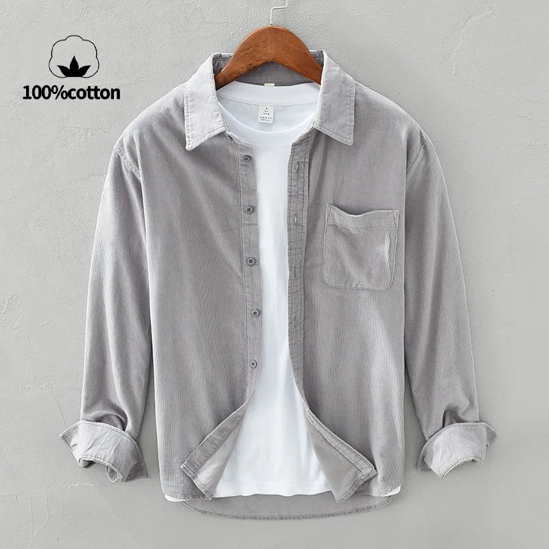 

Прочная винтажная вельветовая рубашка для улицы для мужчин, повседневная однотонная рубашка в японском стиле с длинными рукавами, куртка-рубашка, осень-весна