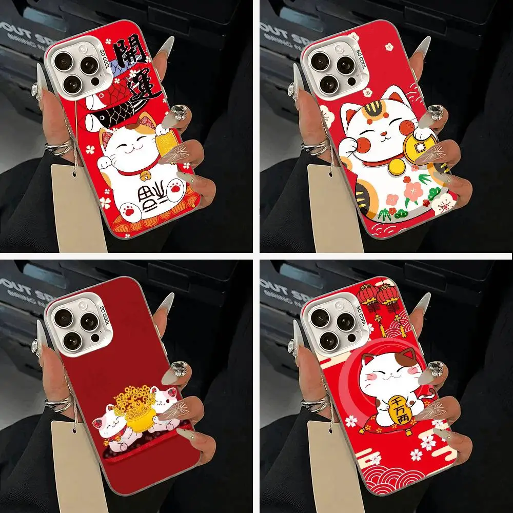 Funda para Teléfono Maneki Neko Gato de la Suerte para iPhone 17 Air 16 15 14 13 12 11 Pro Max, Blanca Plateada, Carcasa Rígida