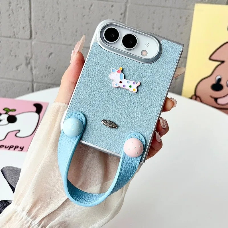 New Fashion Korean Ins Cute 3D Dot Puppy Phone Case for iPhone Duo Luxury Leather Shockproof Protective Cover, with Charm Kawaii