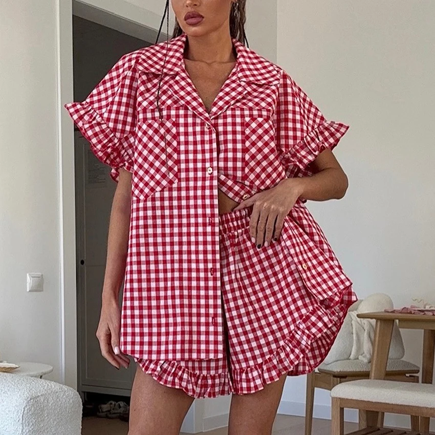 Women's Plaid Button-Up Shirt and High-Waist Shorts Two-Piece Set
