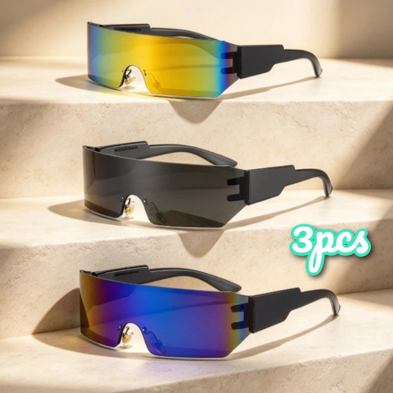 3PCS New Style Silver Y2K Sports Sunglasses Unisex Unique Fashion Anti-Ultraviolet Cycling Sun Glasses