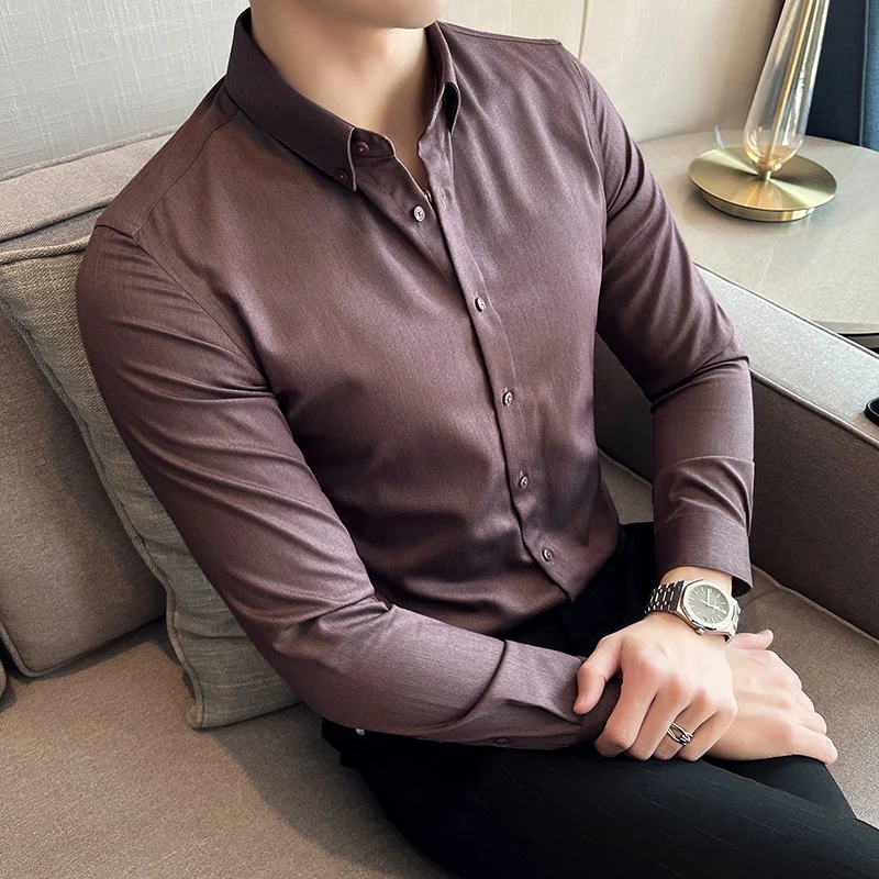 Longsleeve Shirts for Men 2022 Spring New High Quality Business Casual Stretch Slim Fit Solid Color Formal Shirts Mens Clothing