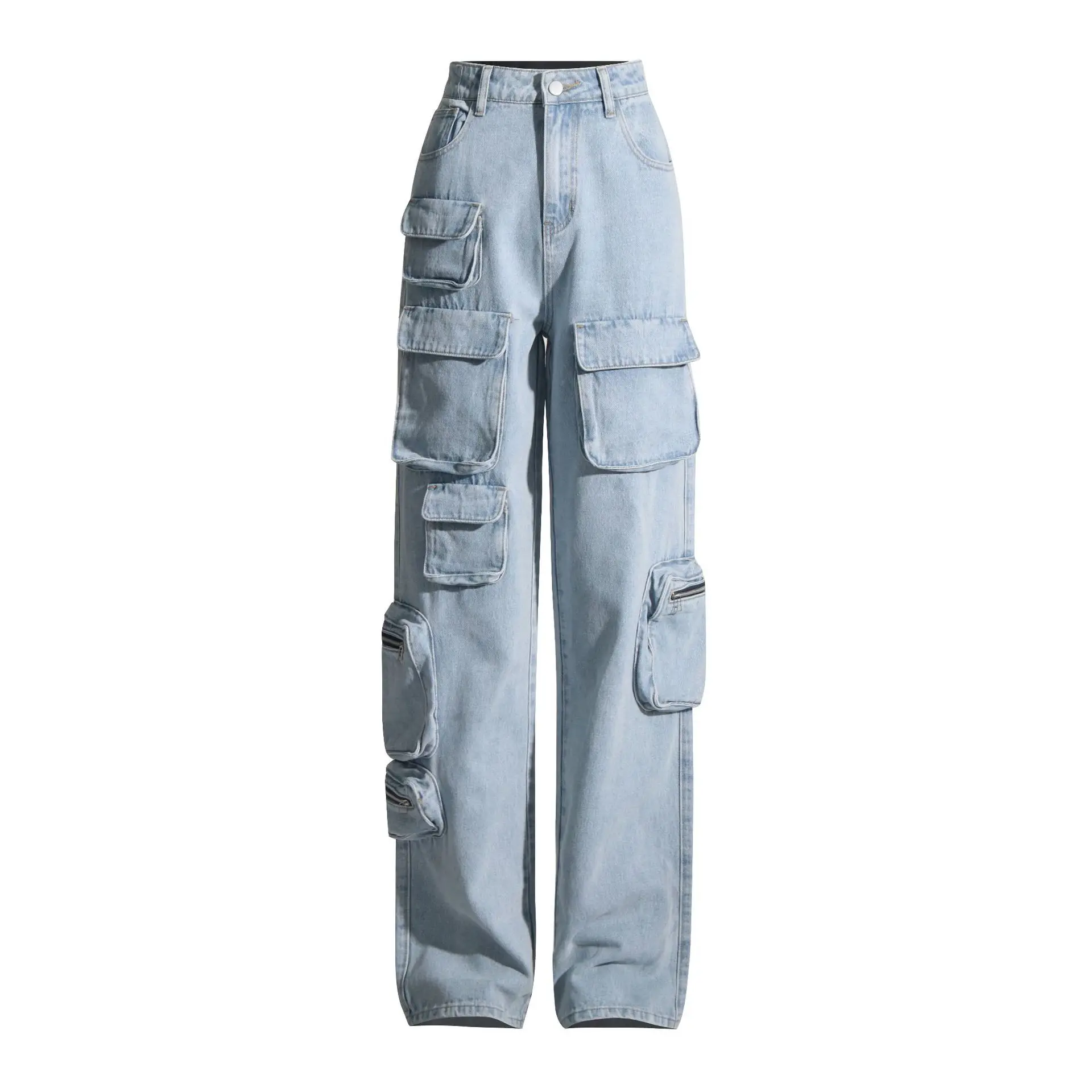 Fracht Jeans Frauen Light Blue Zipper Fly Gerade Denim Hosen mit Taschen 2023 Sommer Outfits Y2K Kleidung High Street Hosen