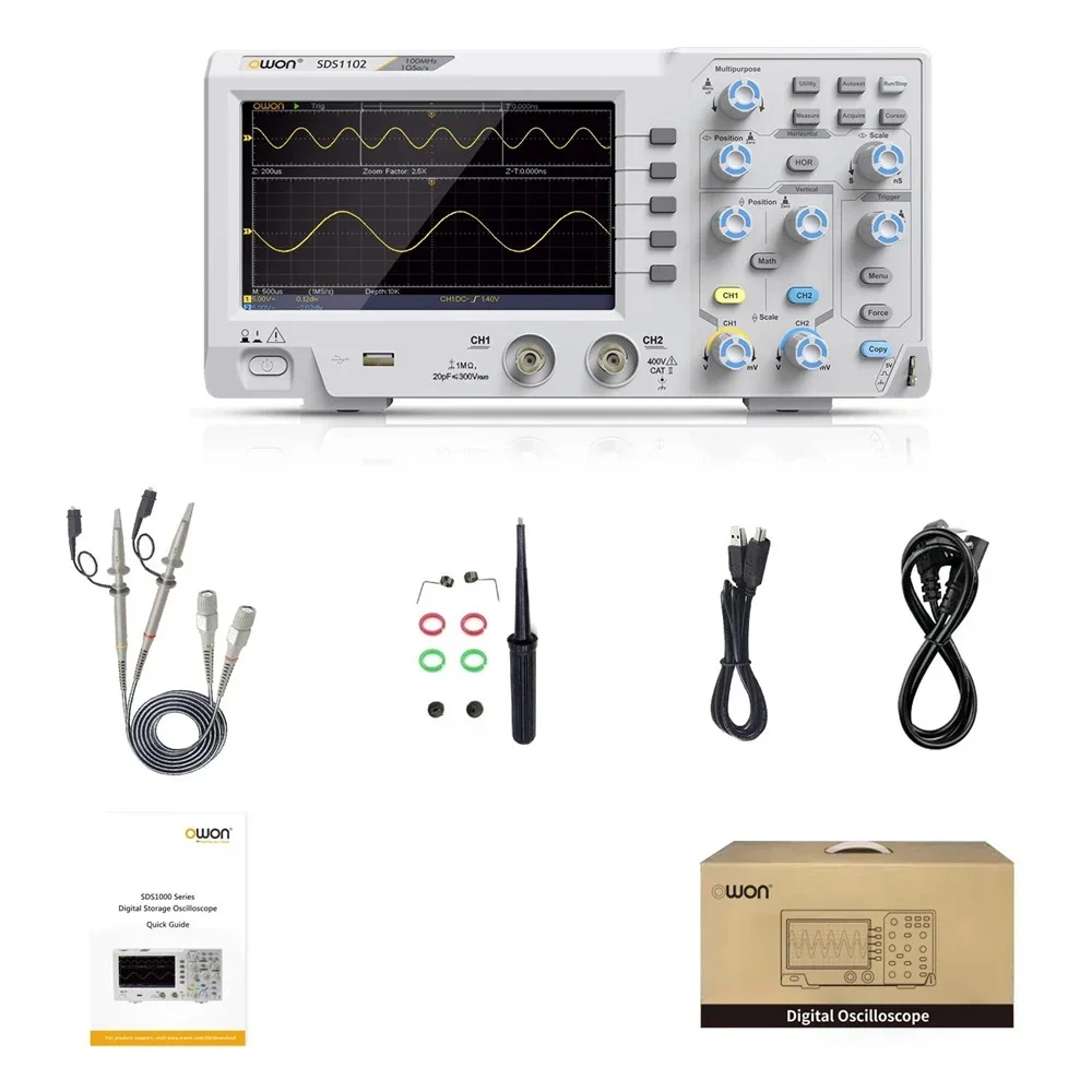 2026 SDS1102 100MHz 1GS/s 8-Bit High Resolution Digital Oscilloscope 2-Channel 7-Inch LCD SCPI Labview Support