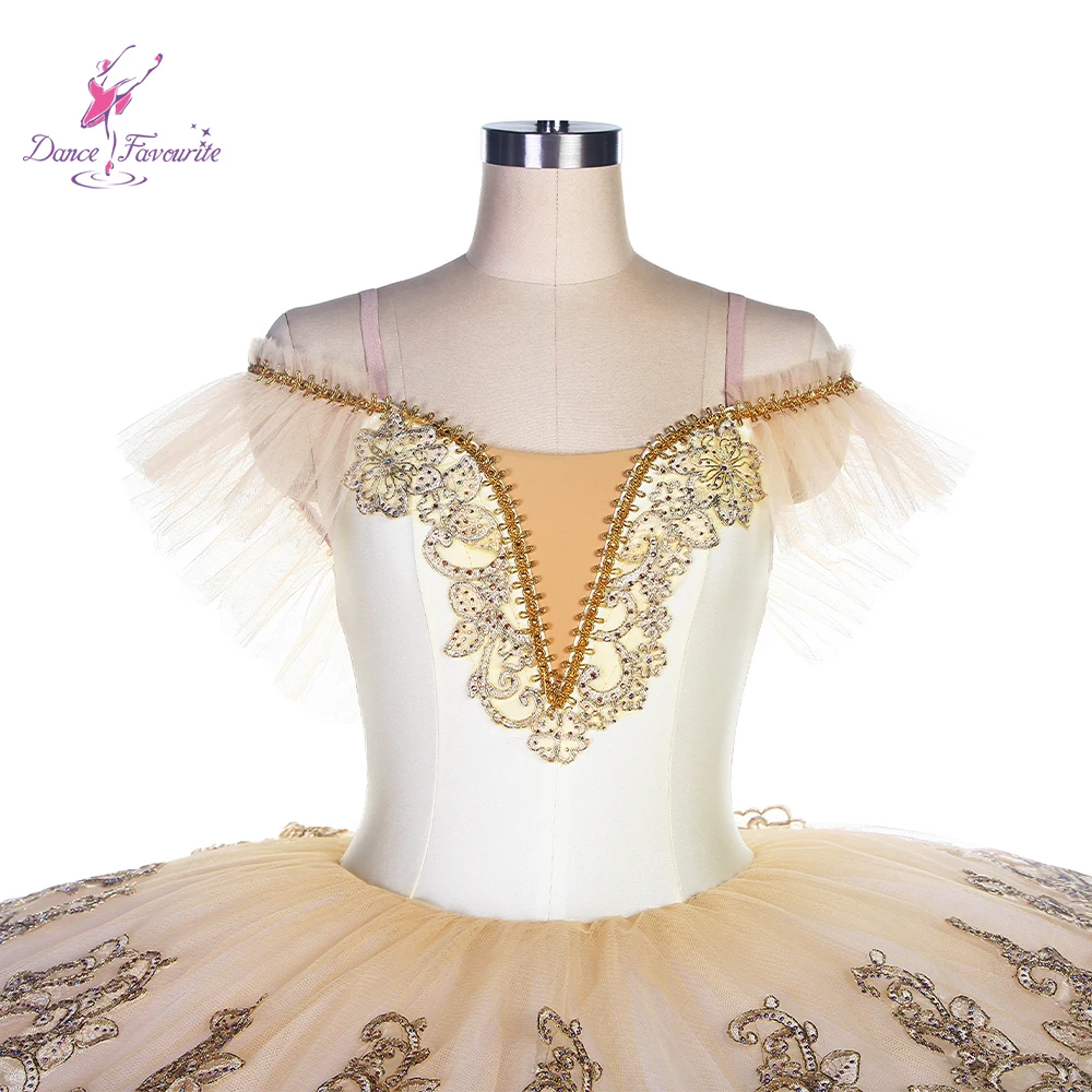 Tutus de ballet de danse préférés, corsage en spandex ivoire, tutu en tulle ivoire avec appliques dorées, olympiques décorés pré-professionnels, BLL417