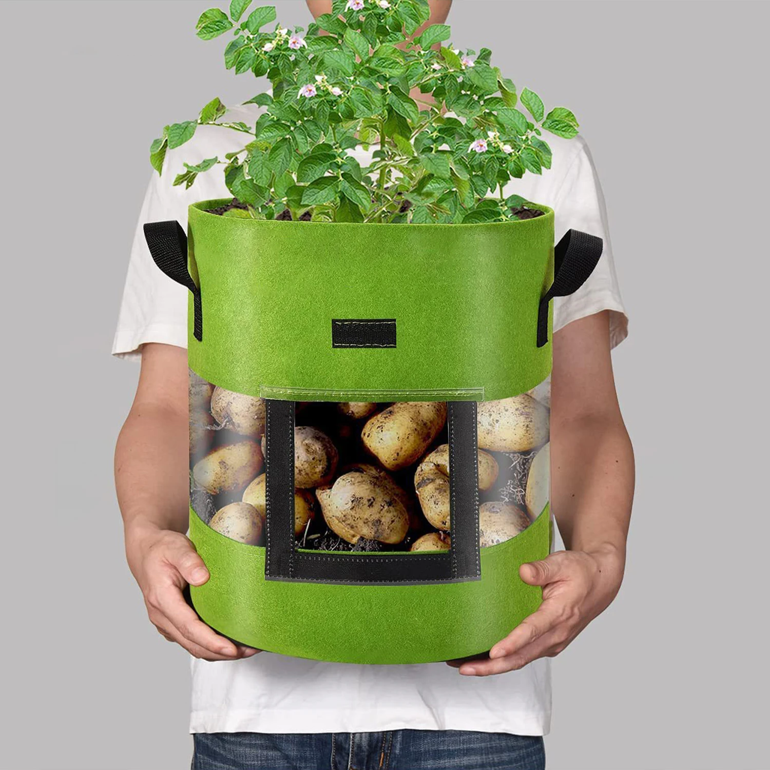 Sac de jardinière de pommes de terre transparent magique, fenêtre de vue à 360 degrés avec tissu non tissé respirant vert, regardez vos spuds creusent!