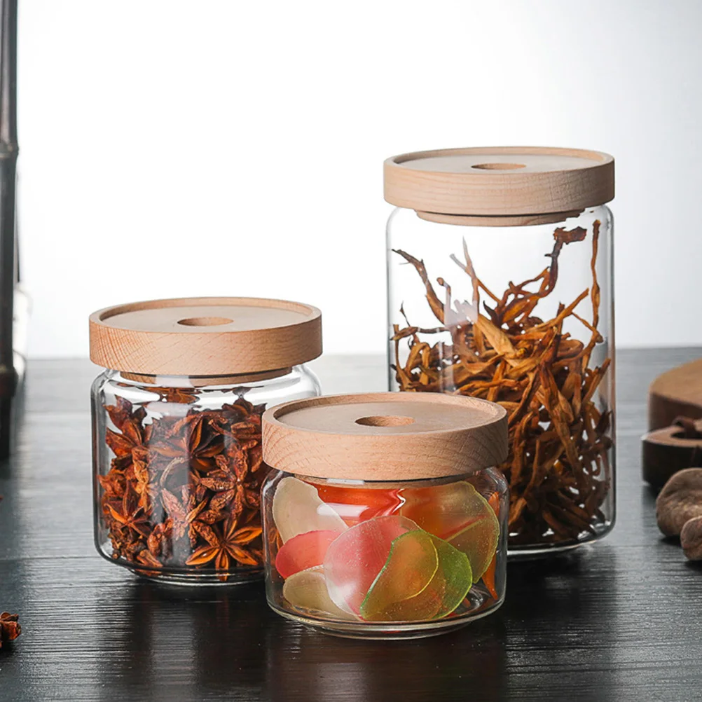 

Beech Storage Tank Tea Canister Glass Sealed Containers Jar Rice Wooden Cover Canisters Jars