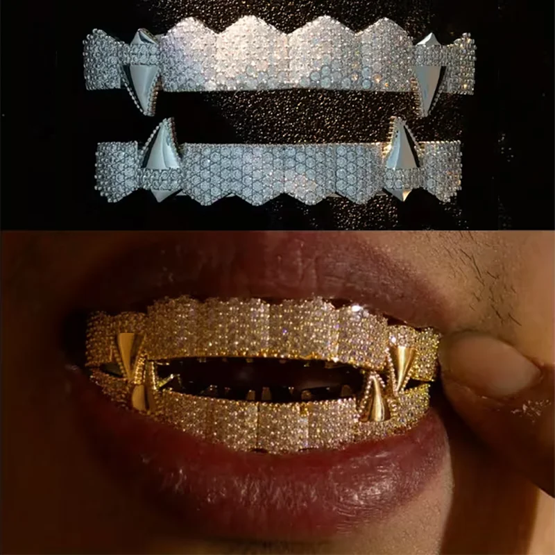 TOPGRILLZ Iced Out 5A+ CZ Zahnschmuck-Set, 8 Ober- & 8 Unterkiefer-Zahnkappen in Gold- und Silberfarben, abnehmbare Dental-Grills für Halloween