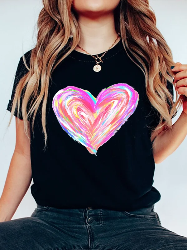 Romance Chroma Love Watercolour Print Female T-shirt 2024 New Hot Sale Casual Comfort Valentine's Day Gift Couple Shirt