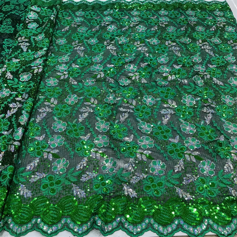 Green African French Net Lace Fabric With Sequins Embroidered Nigerian Tulle Lace For Party Dresses High Quality Fabric 2.5Yards