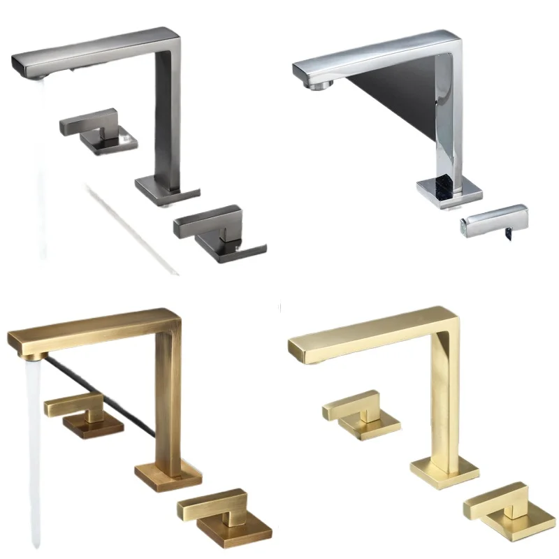 

Gun gray three-hole basin faucet, European retro all-copper three-hole faucet