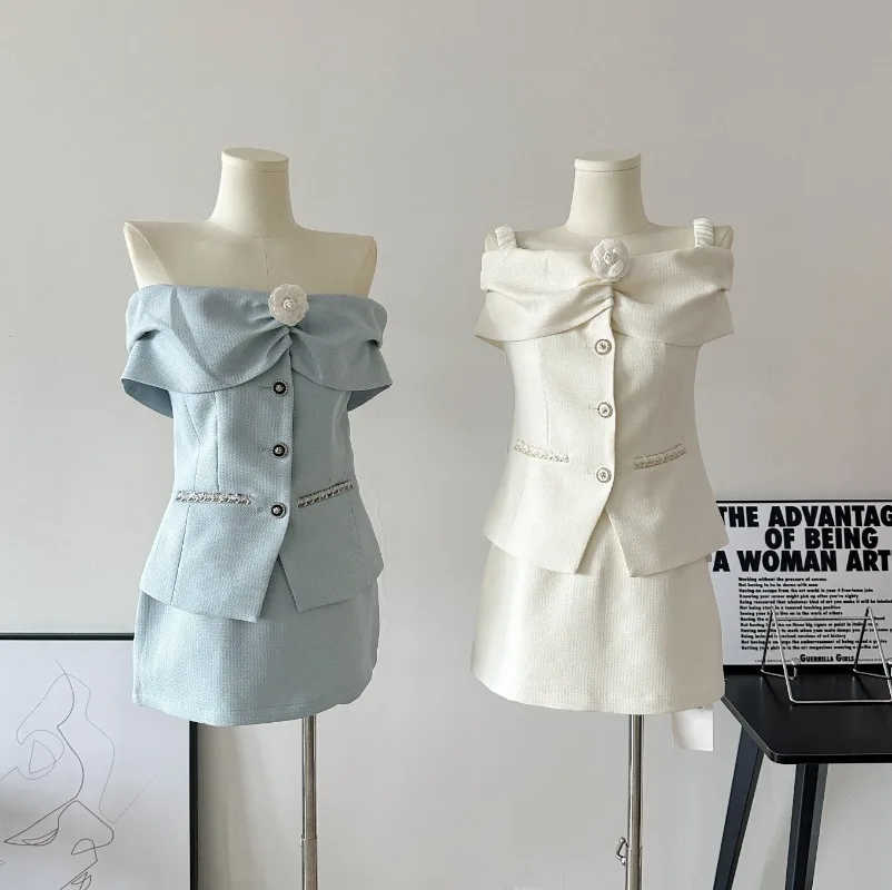 

French Sweet Hot Girl Suit Women's Spring Knitted Off Shoulder Slim Fit Top High Waist Skirt Pants Two-piece Set Female Clothes