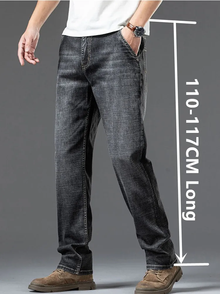 

Мужские летние джинсы прямого кроя больших размеров (до 140 кг), 46-48, синие, из денима, удлиненные, тонкие, свободные, стрейч, для высоких мужчин