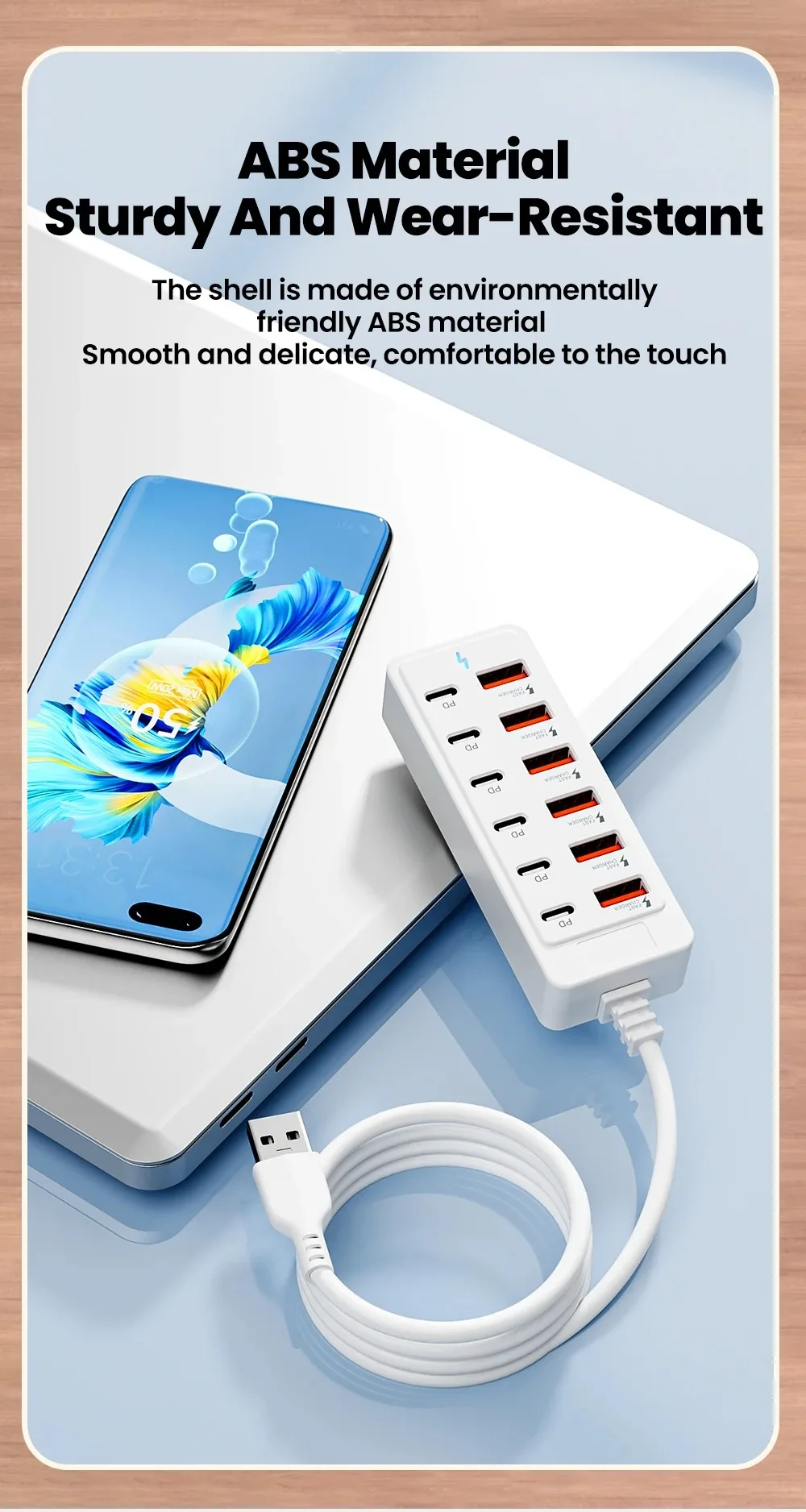 Auto-Schnellladegerät mit Mehrfachanschlüssen, 6-Port USB-Hub-Adapter Telefonladegerät & Stromanzeige, Kompatibel mit USB-C/USB-A-Geräten – Detail 6