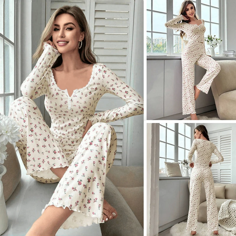 

Women Floral Long Sleeved Long Pants Pajama Set Spring Autumn Cute U-shaped Collar Head Sleepwear Trousers Sets Home Lingerie