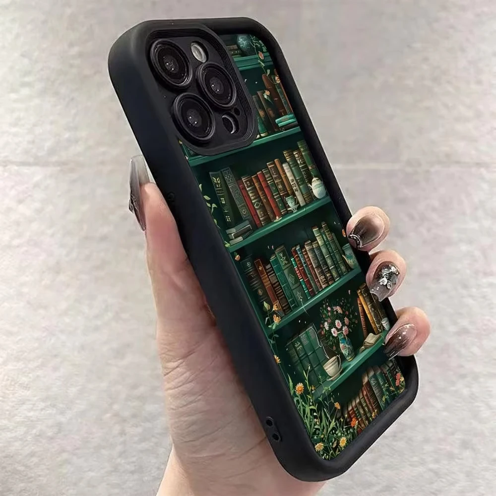 حافظة هاتف مناسبة بنمط رف الكتب الأخضر لهاتف آيفون 17 برو ماكس 16E 15 Pro 14 13 12 11 Mini AIR XS XR XS 8Plus مضادة للسقوط و