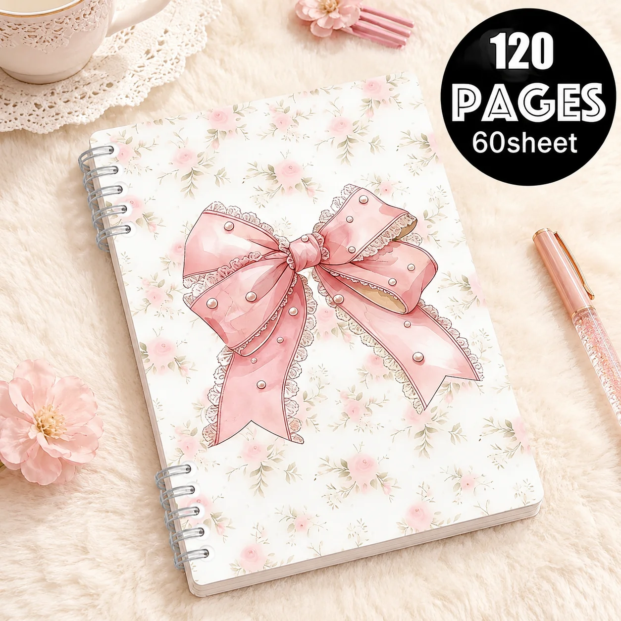 Carnet à spirale rose mignon avec nœud floral, 120 pages, journal/agenda Kawaii pour l'école, le bureau, les notes, cadeau