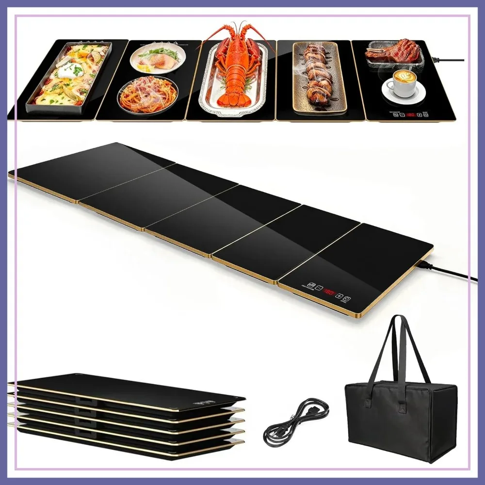 

Electric Warming Tray XXXL 44x16in with Storage Bag, Expandable Food Warmer for Parties, 8-Level Temp & Timer, Gold Edge