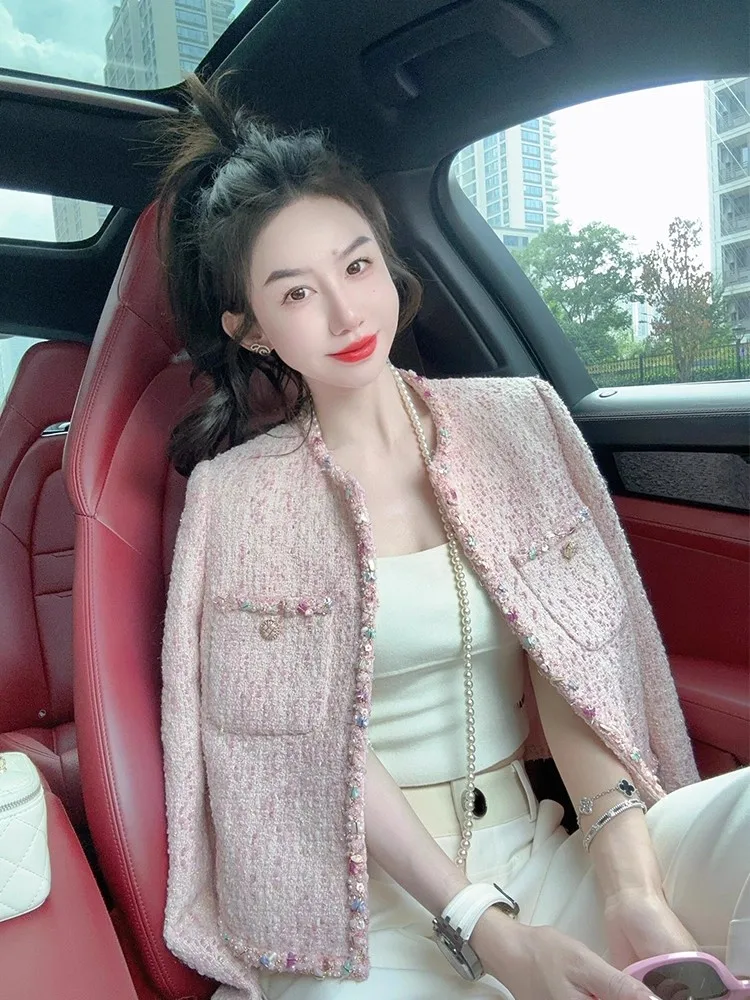 Pink Shangfang Style Jacket Women's New 2026 Unique Luxury Heavy Embellishment Elegant Straight Cut Button up Long Sleeve Top
