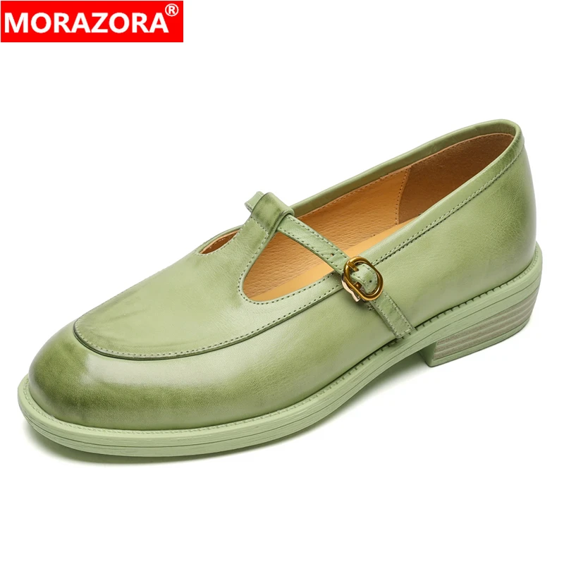 

MORAZORA/2025 новые туфли из натуральной кожи, женские оксфорды, туфли на платформе с пряжкой, розовые, зеленые, женские туфли на среднем каблуке, обувь