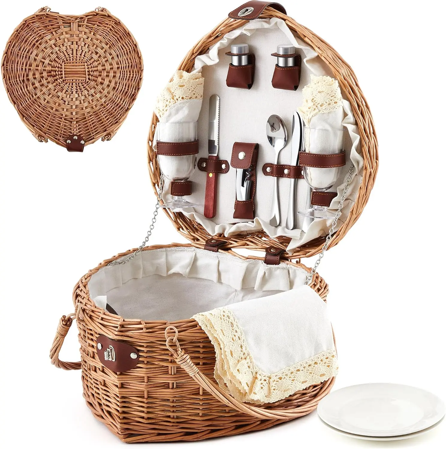 Heart Shaped Wicker Picnic Basket With 2 Person Tableware Set, Hand Woven Willow Food Carrier Caddy, Romantic Outdoor Dining Organizer For Beach Camping Parties, Antique White