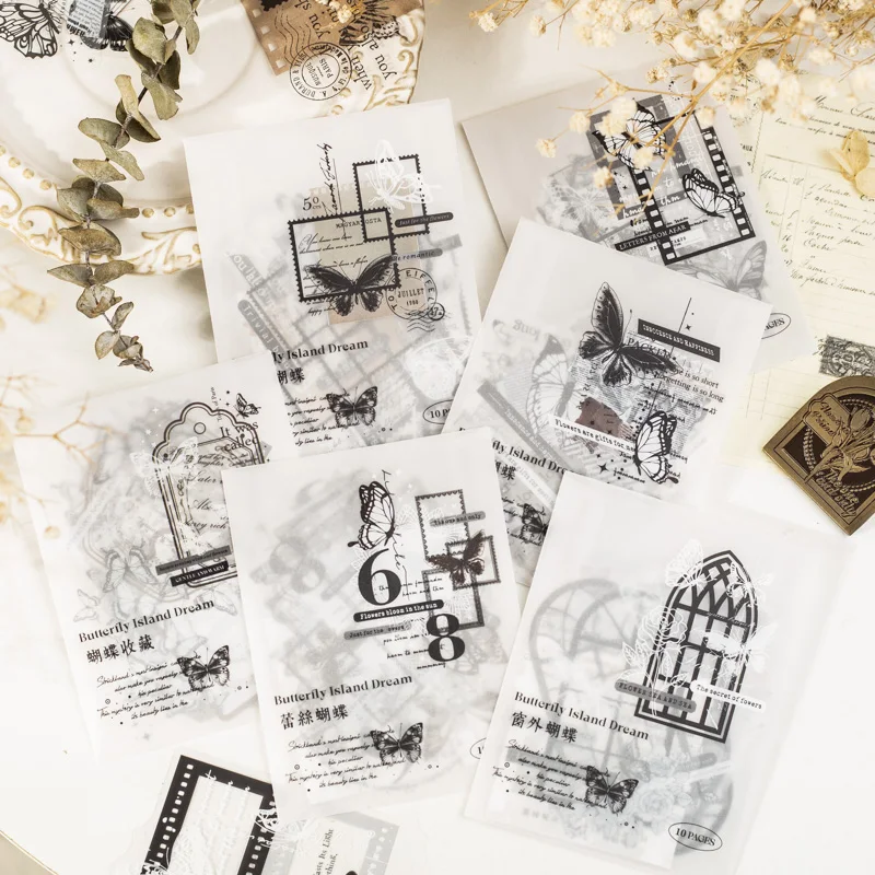

10 pcs/pack Stickers light retro lace butterfly handbook collage transparent PET self-adhesive decorative material 6 styles