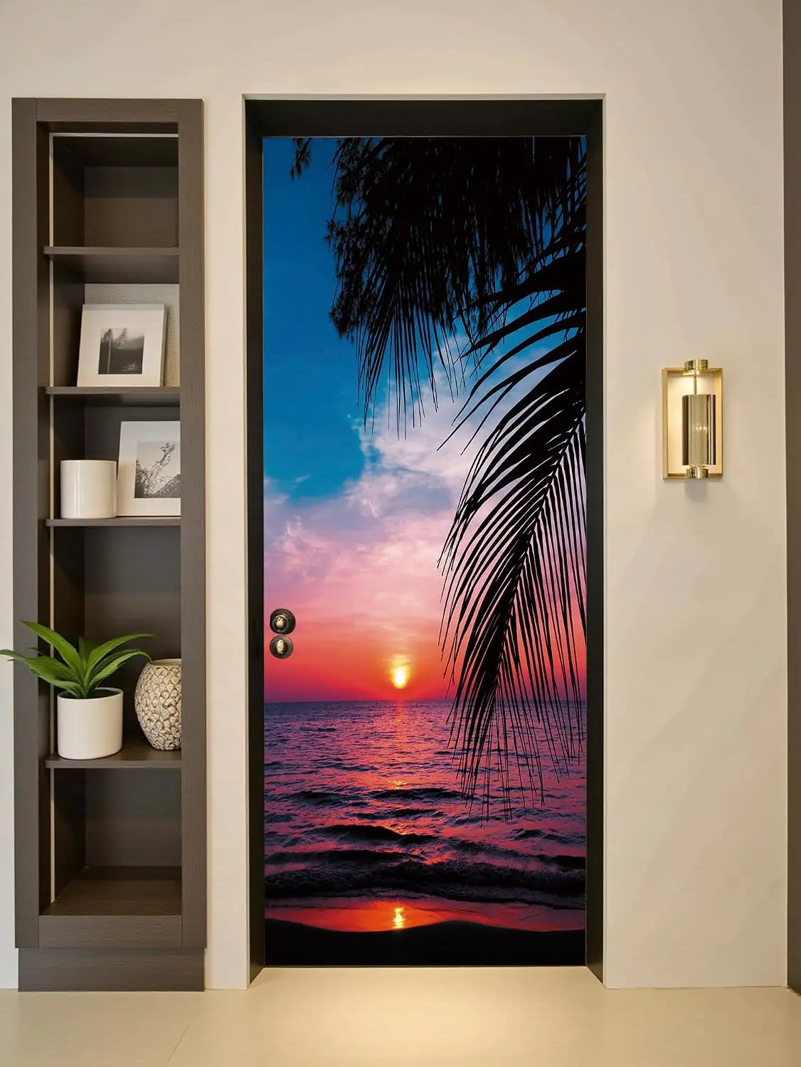 Tropical Palm Beach Sunset Door Sticker 3D Sea View Vinyl Mural Self Adhesive Removable Waterproof Home Door Renovation Decal