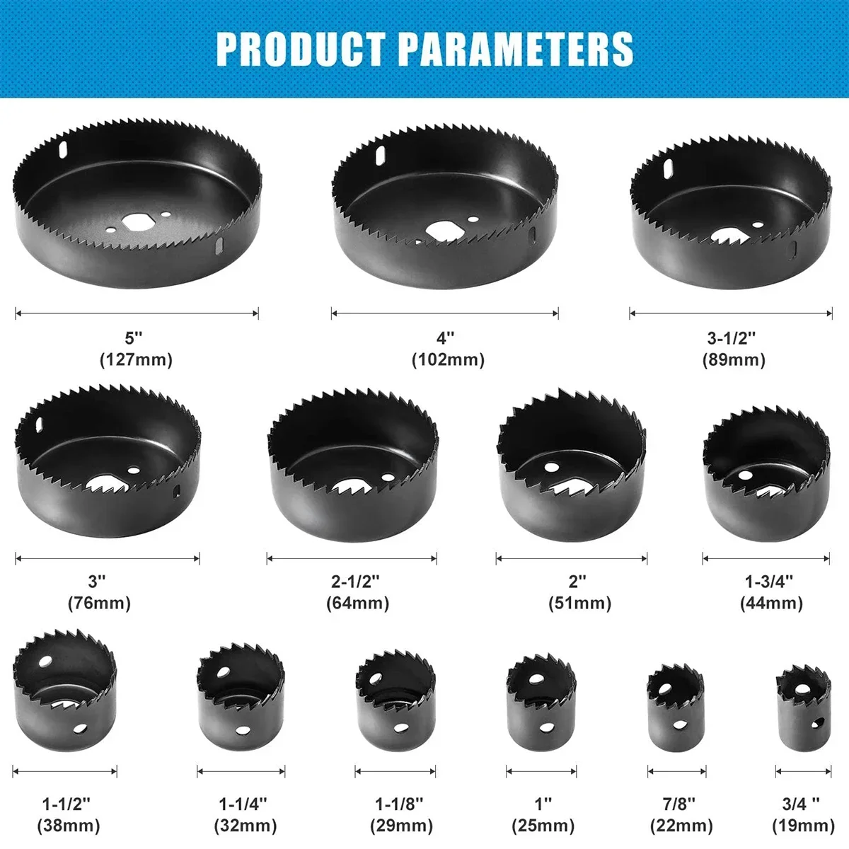 Imagem -02 - Hole Saw Kit com Caixa de Armazenamento Hole Saw Grupo 19 Mm127 mm Mandris Chave Hex Ideal para Madeira Macia Placa de Pvc Pcs 18 Pcs