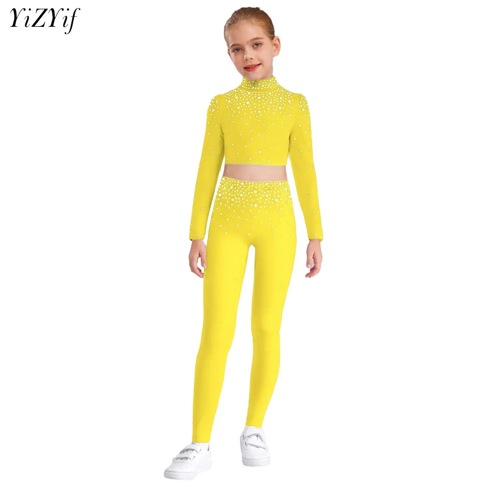 

Kids Boys Girls Figure Skating Outfits Long Sleeve Rhinestones Metallic Crop Top with Pants Teen Ice Skating Gymnastics Practice