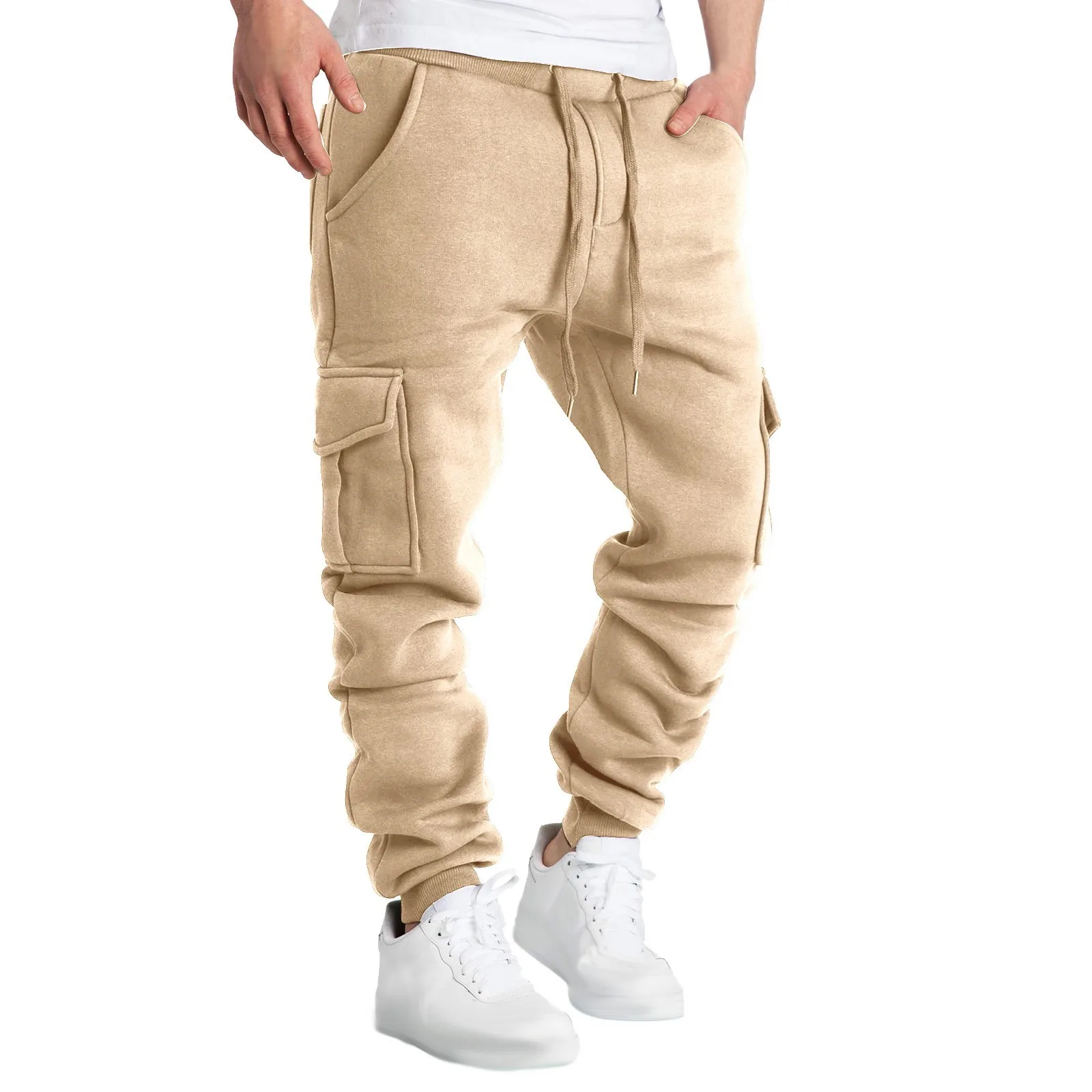 

Spring Warm Cargo Pant Men Plus Size Casual Loose Sport Pocket Trousers Comfortable Elastic Waist Solid Color Baggy Pants Male