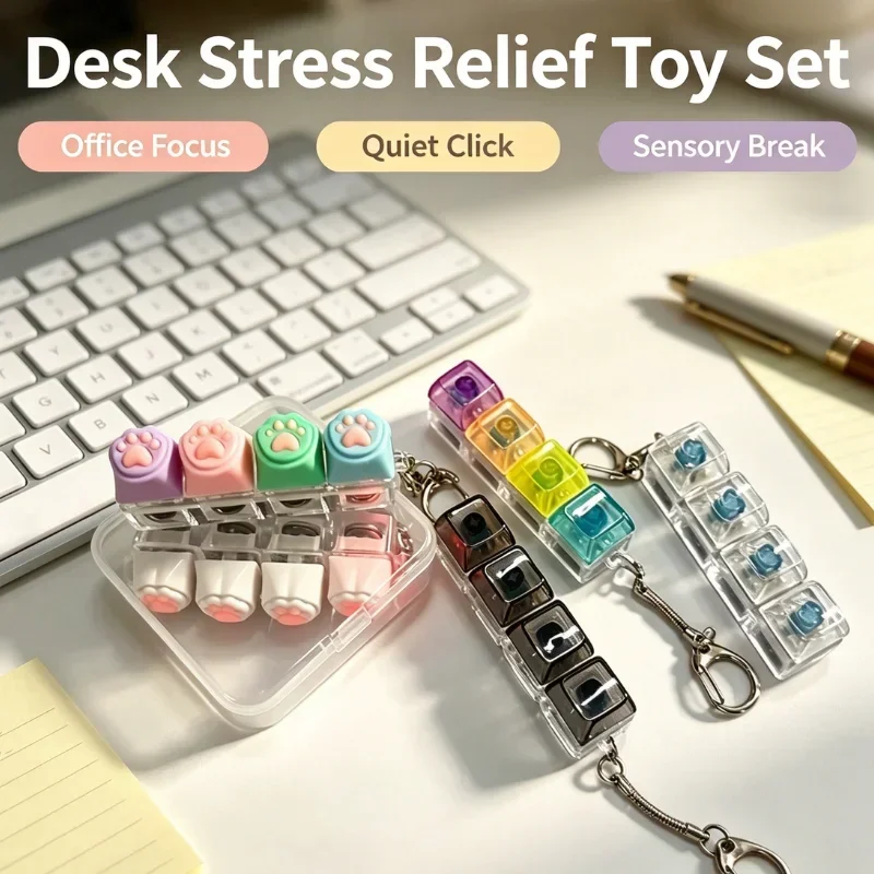 IN STOCK Transparent LED Light Up Fidget Keychain, Creative Mechanical Keyboard Clicker, 4/9/12 Buttons, Stress Relief Keyring