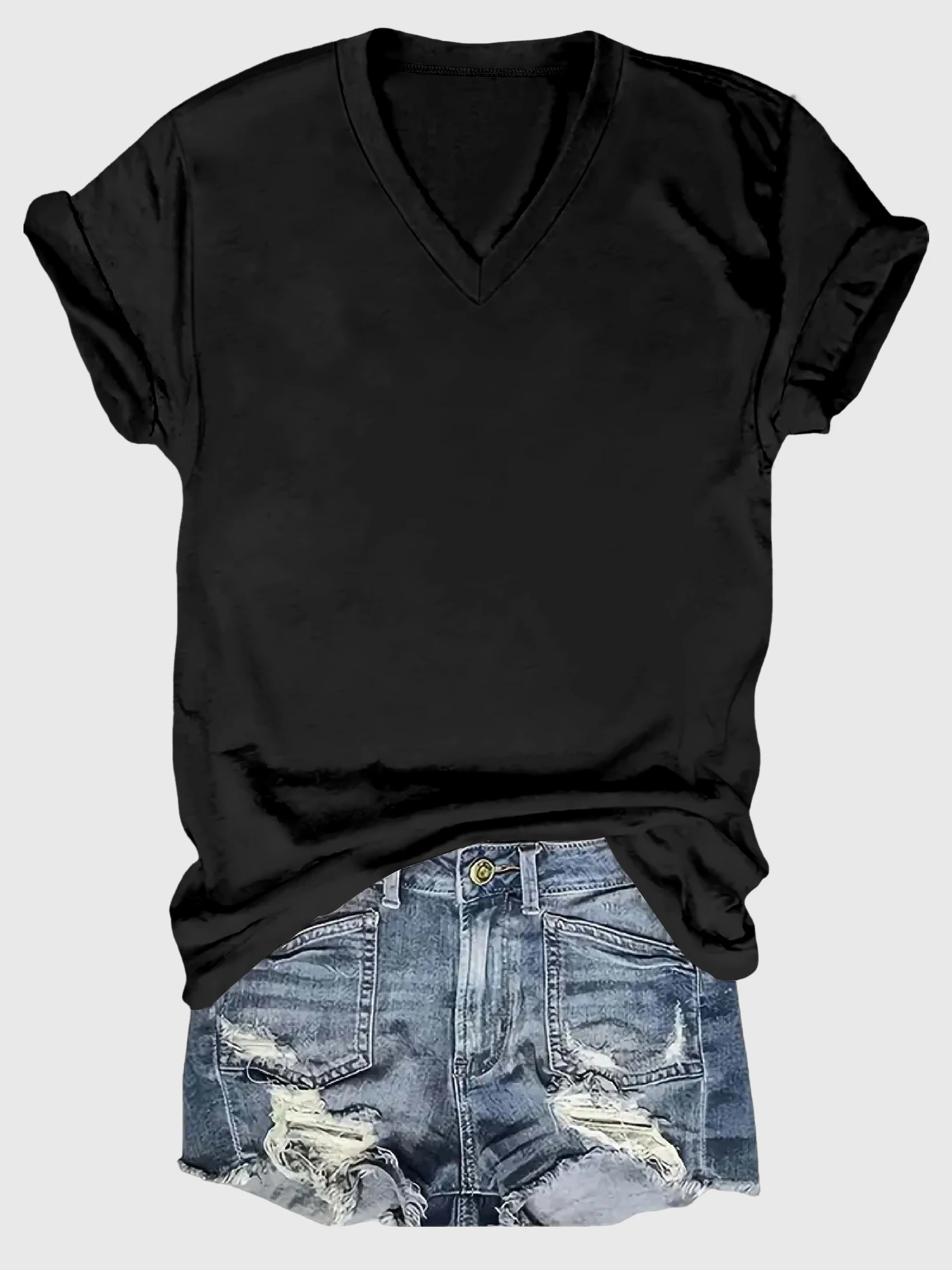 オーバーサイズ Vネック 半袖 Tシャツ - レディース カーブヘムトップ、柔らかく伸縮性のある生地、透けにくい、デイリーウェアに最適