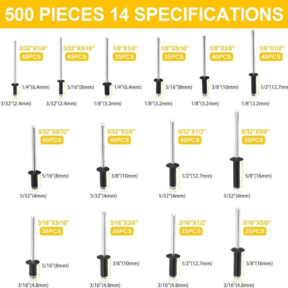 500Pcs/Set 304 Stainless Steel Mushroom Head Rivets Kit Round Head Black Pop Rivets 14 Sizes Durable Open-Type Rivets